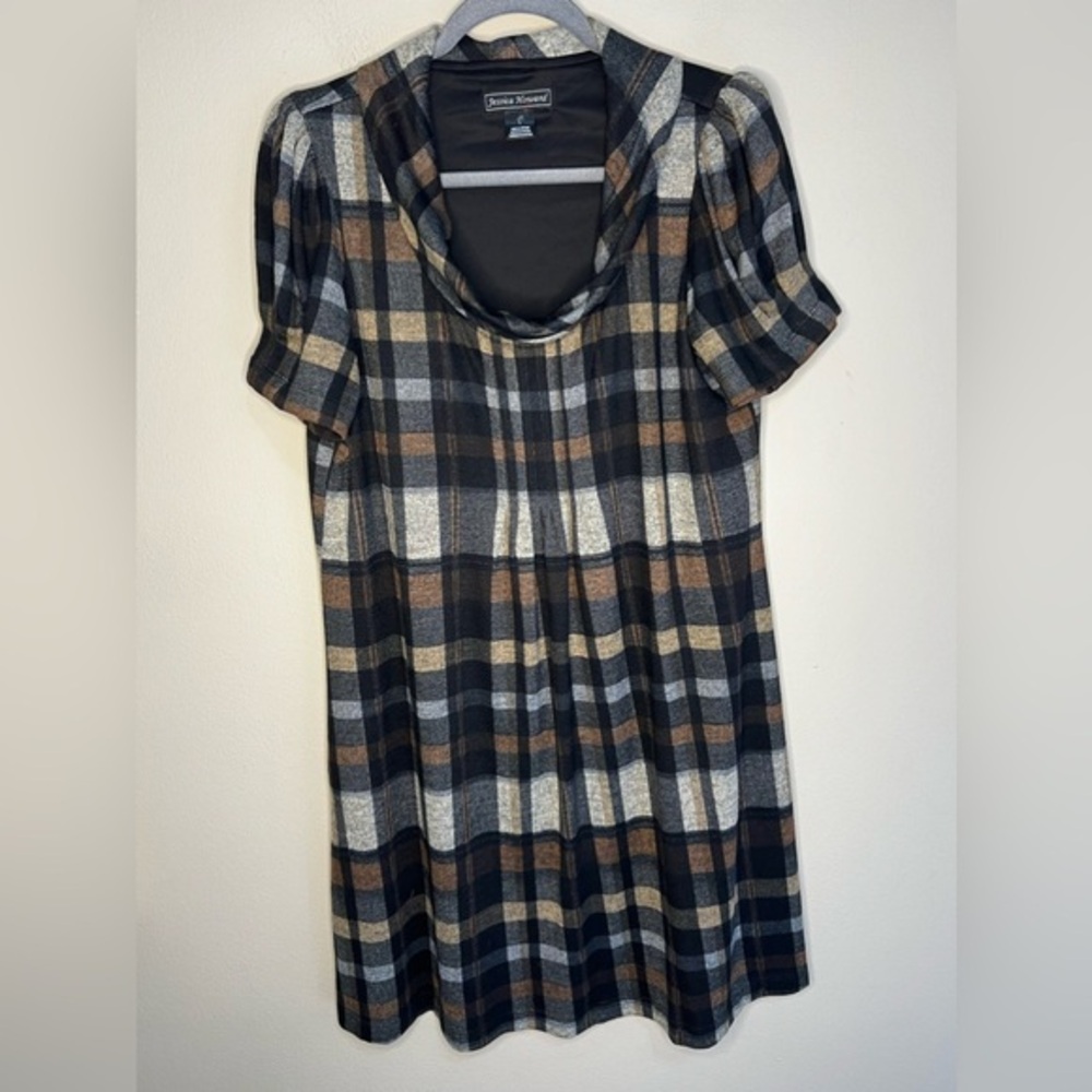JH Collectibles Dress Women's Large Plaid Short Sleeve Cowl Neck Puff Sleeve